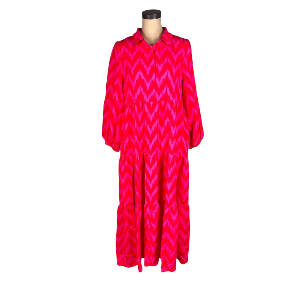 Pomander Place Pink Red Ikat Chevron Tiered Maxi Dress Large Y24175OMYT